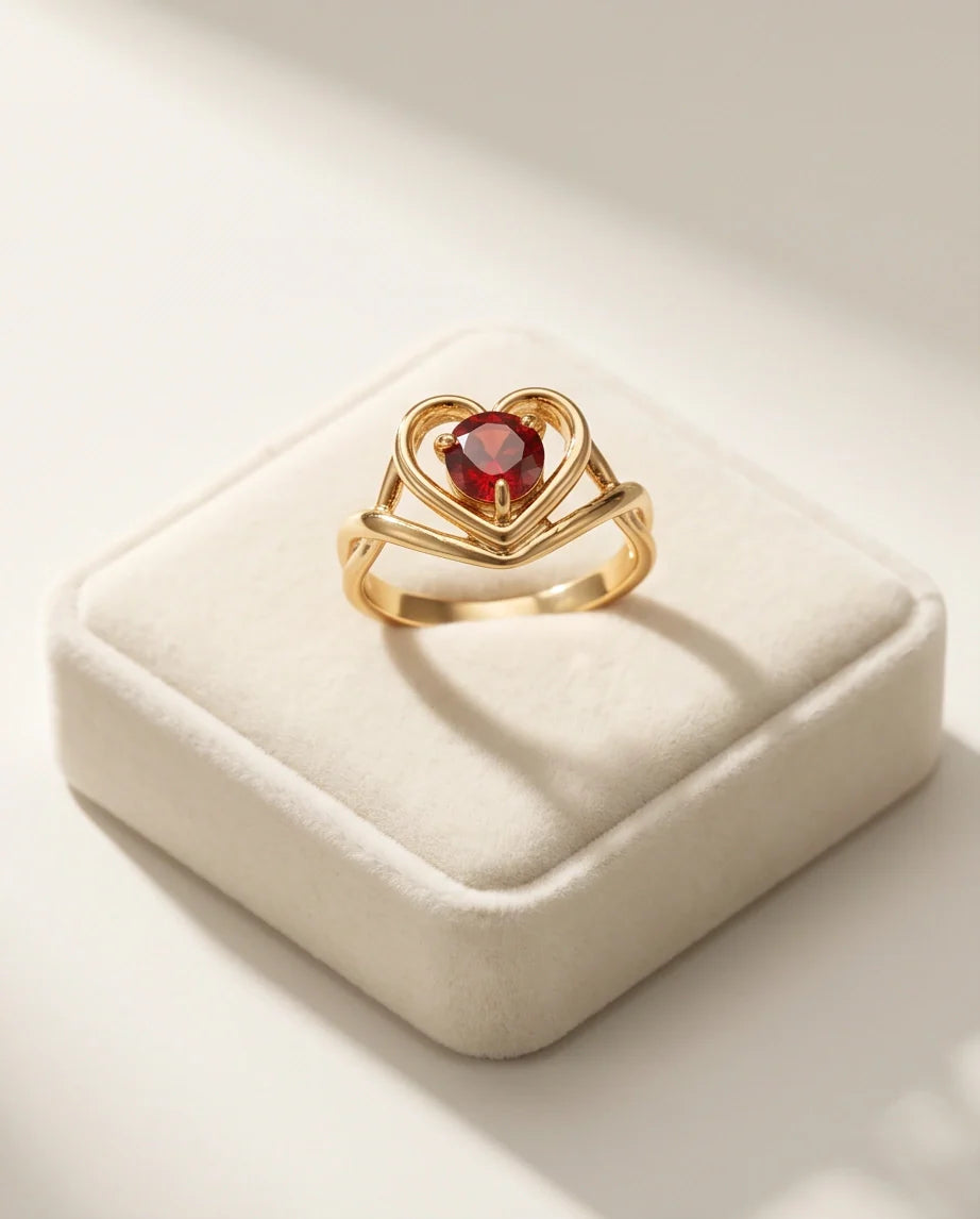 Gold Ruby Heart Openwork Statement Ring