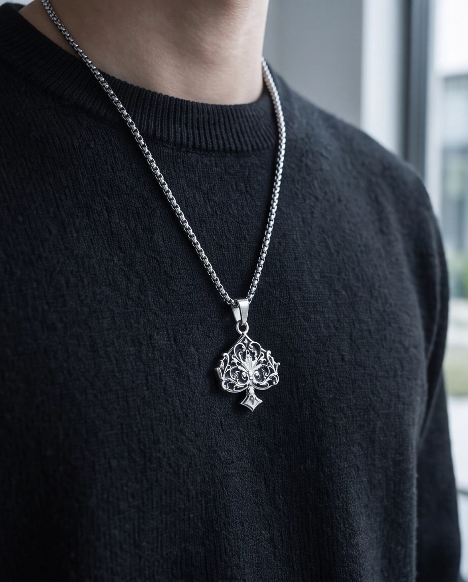 Silver Filigree Ace of Spades Pendant Necklace