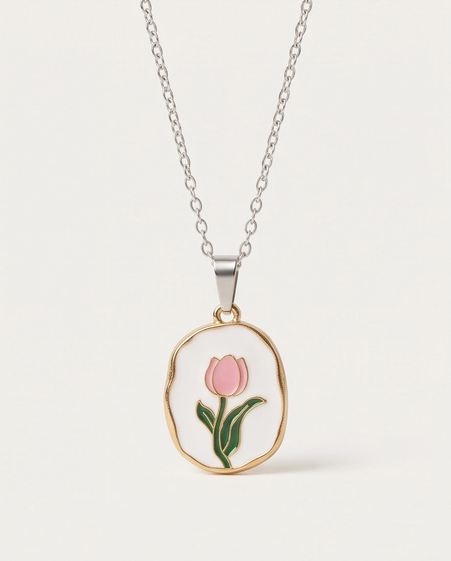Gold Pink Tulip Enamel Medallion Chain Necklace