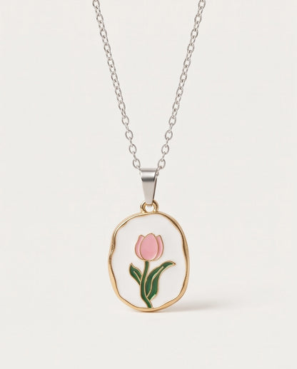 Gold Pink Tulip Enamel Medallion Chain Necklace