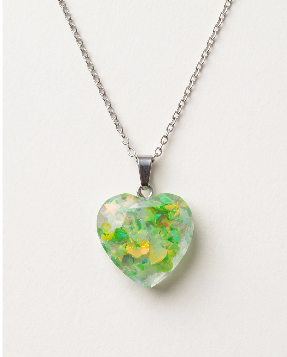Silver Lime Green Glitter Heart Resin Pendant Necklace