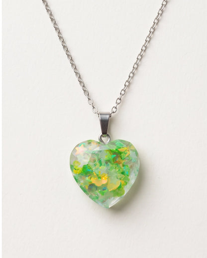 Silver Lime Green Glitter Heart Resin Pendant Necklace