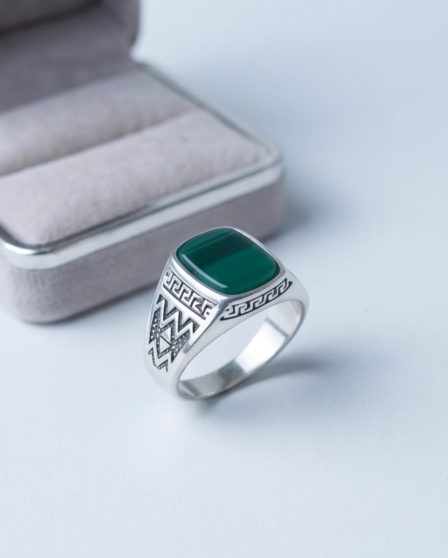 Green Agate Cushion Cabochon Greek Key Zigzag Silver Ring