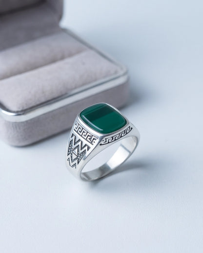Green Agate Cushion Cabochon Greek Key Zigzag Silver Ring