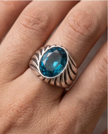 Teal Oval-Cut Gemstone Fluted Cable-Texture Silver Ring
