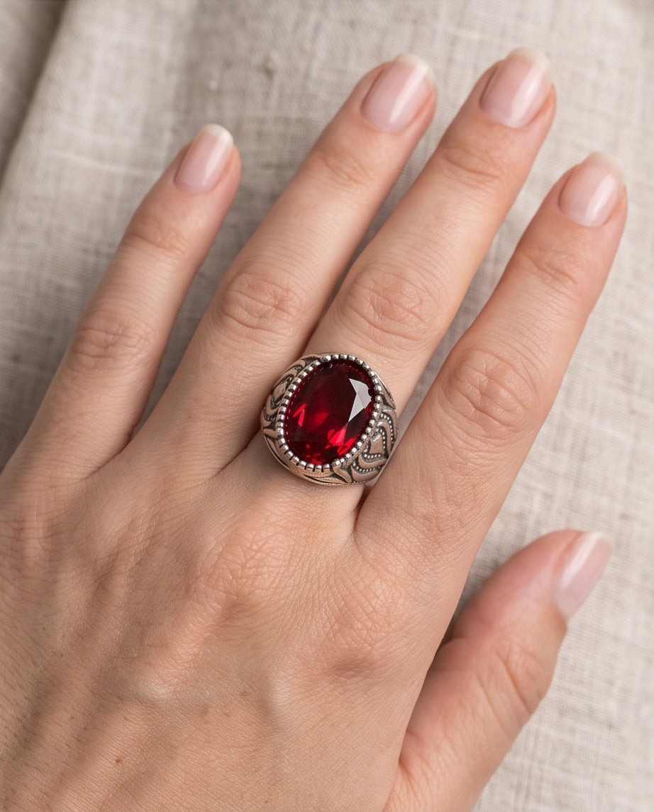 Garnet Gemstone Beaded Frame Flame Silver Ring