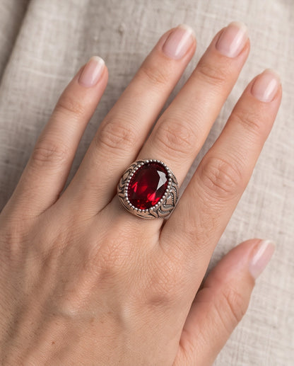 Garnet Gemstone Beaded Frame Flame Silver Ring