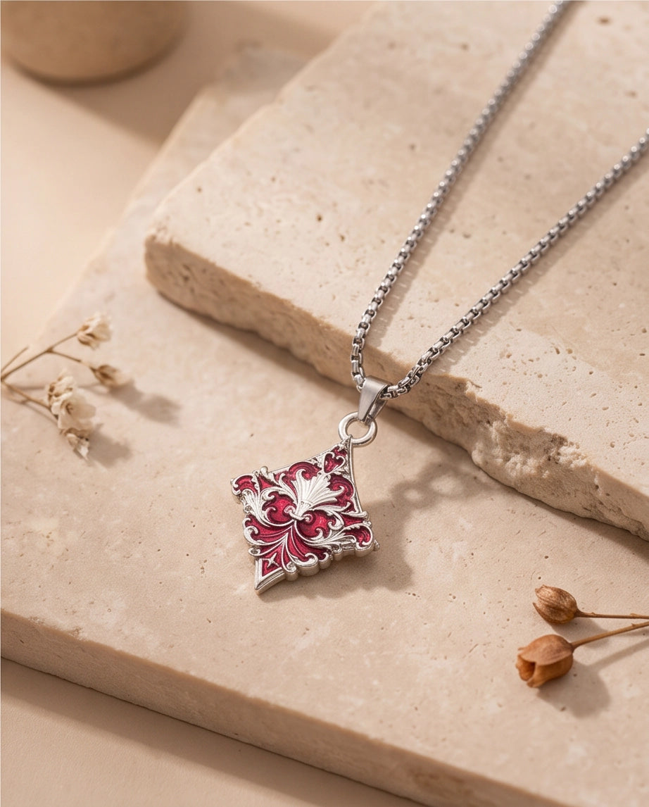 Silver Red Enamel Filigree Diamond Pendant Necklace