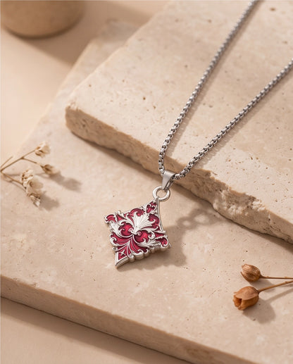 Silver Red Enamel Filigree Diamond Pendant Necklace