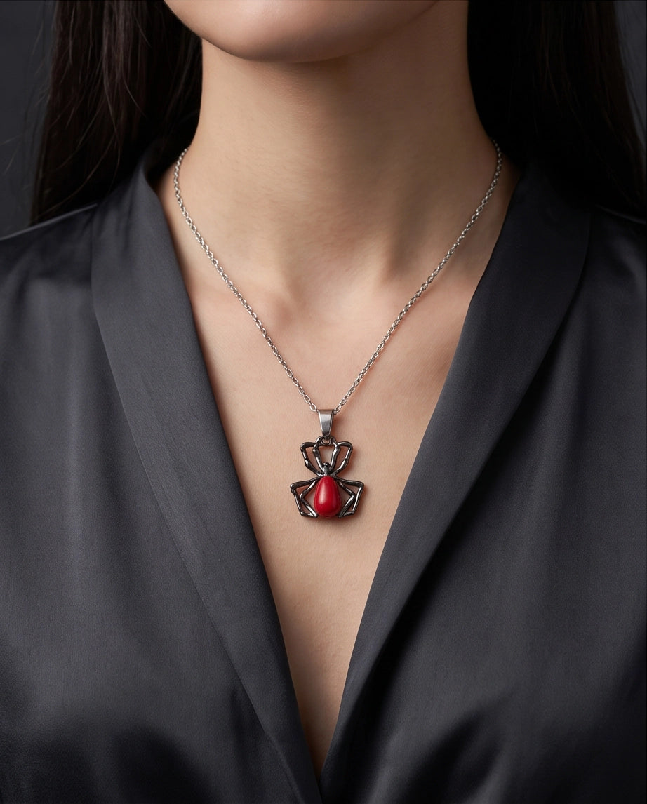Silver Spider Red Gemstone Pendant Necklace