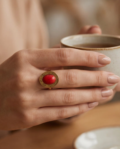 Solstice Greek Key Crimson Cabochon Ring