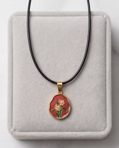 Gold Pink Floral Enamel Medallion Chain Necklace