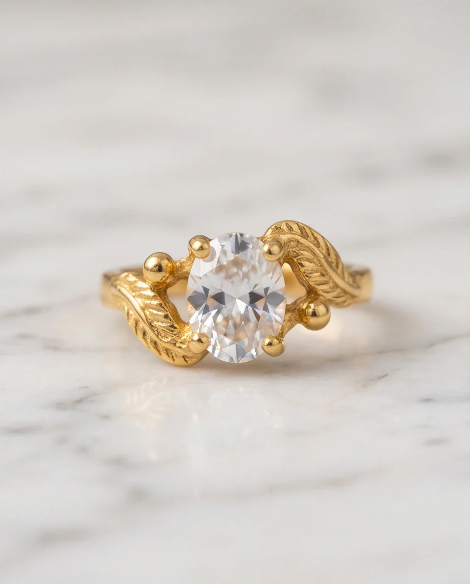 Golden Crystal Moissanite Botanical Leaf Ring