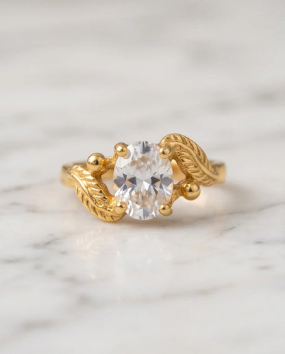 Golden Crystal Moissanite Botanical Leaf Ring