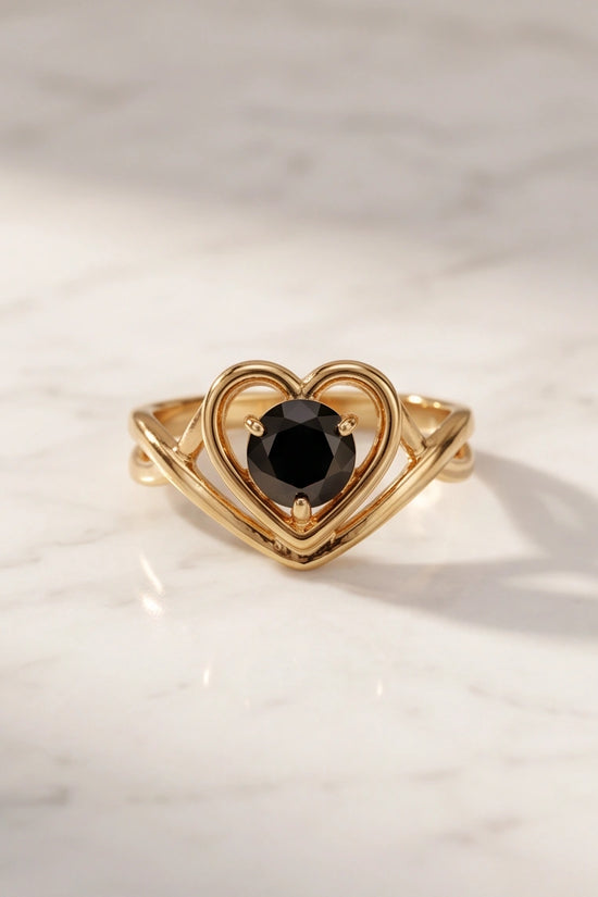 Gold Black Diamond Heart Openwork Ring