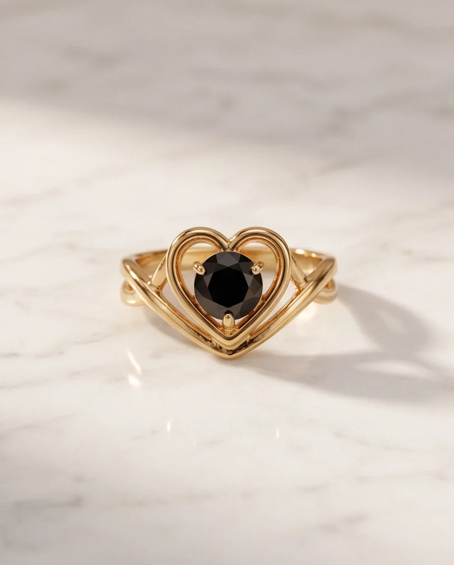 Gold Black Diamond Heart Openwork Ring
