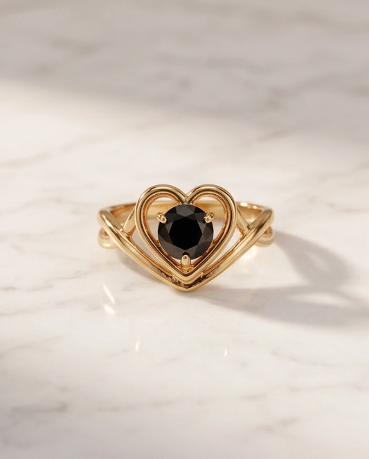 14K Gold Black Diamond Heart Openwork Ring