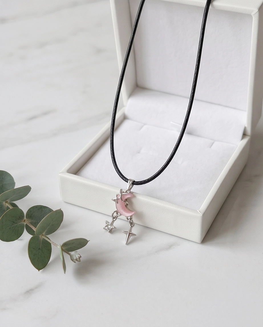 Celestial Pink Moon & Dangle Stars Necklace