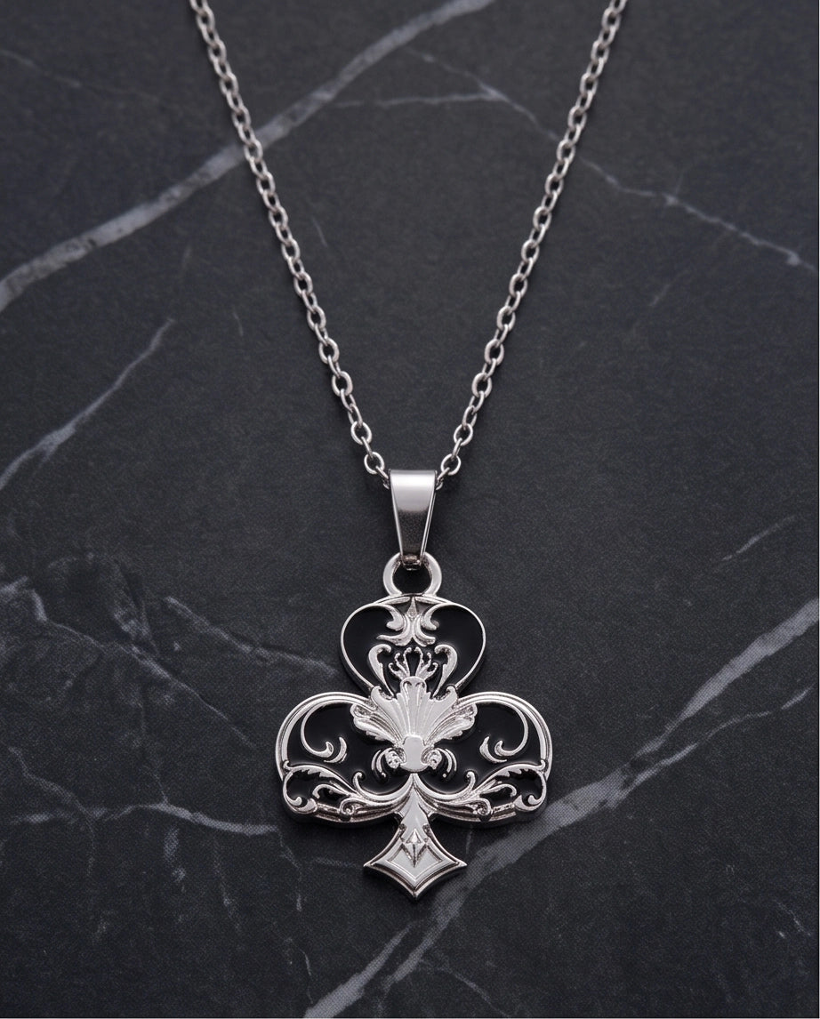 Silver Filigree Ace of Clubs Pendant Necklace