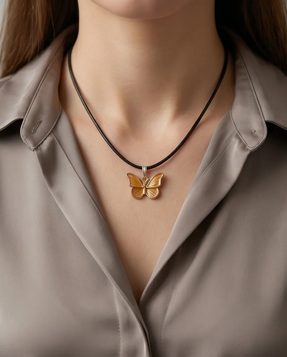 Gold & Amber Butterfly Pendant Necklace