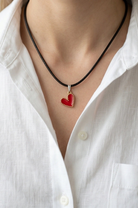 Gold and Textured Red Heart Necklace