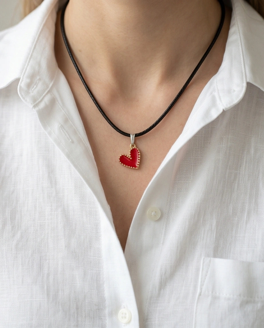 Gold and Textured Red Heart Necklace