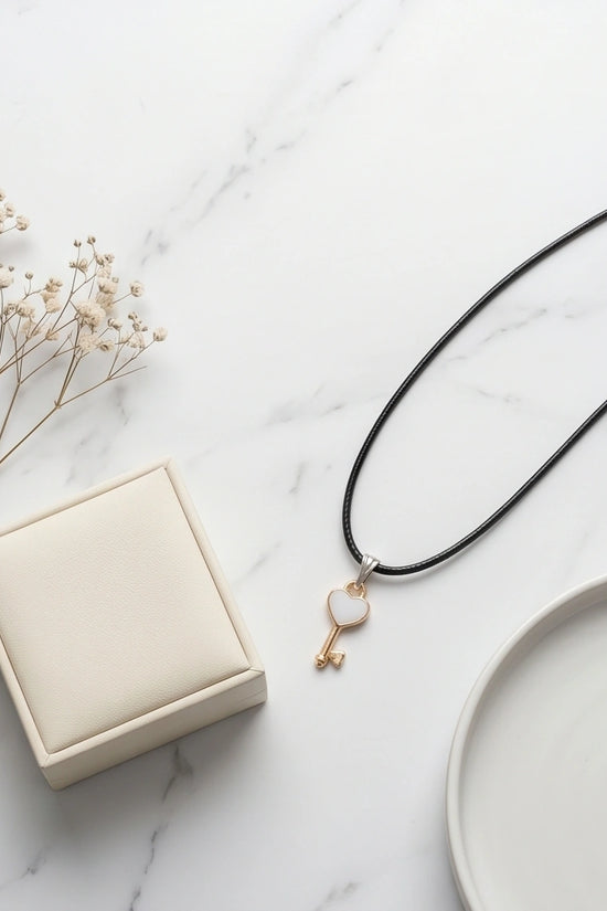 Gold and White Heart Key Pendant Necklace