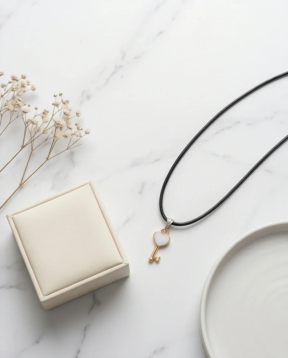 Gold and White Heart Key Pendant Necklace