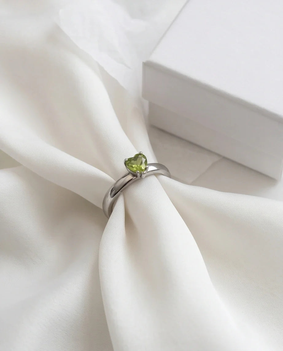 Sterling Silver Heart-Cut Peridot Green Solitaire Ring