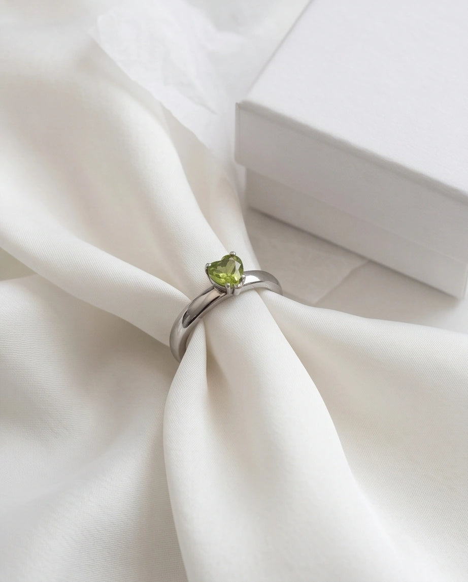 Sterling Silver Heart-Cut Peridot Green Solitaire Ring