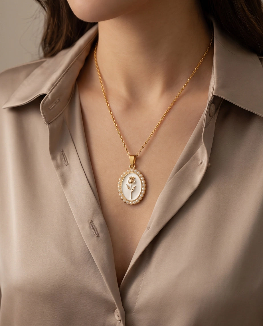 Gold Pearl Frame White Enamel Rose Oval Pendant Necklace