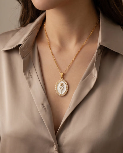 Gold Pearl Frame White Enamel Rose Oval Pendant Necklace