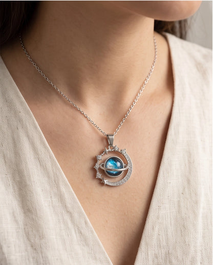 Silver Cosmic Galaxy Planet Crescent Pendant Necklace
