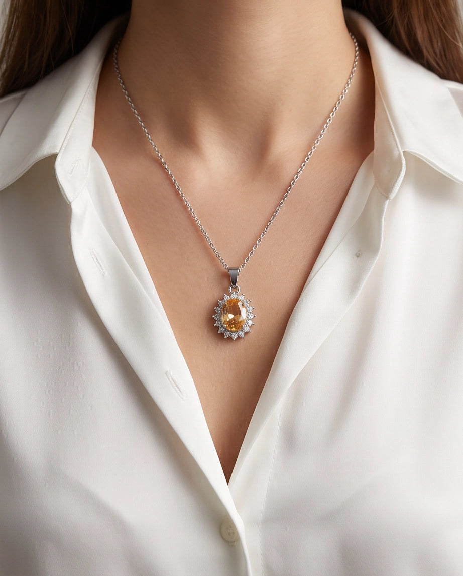 Silver Citrine Yellow Oval Halo Medallion Pendant Necklace