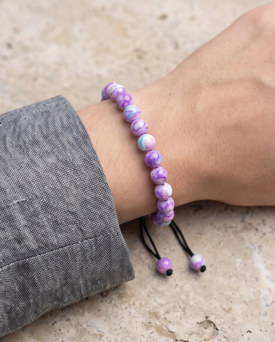 Purple & Teal Marbled Swirl Beaded Adjustable Macrame Bracelet
