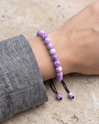 Purple & Teal Marbled Swirl Beaded Adjustable Macrame Bracelet