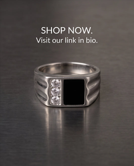 Dual-Panel Onyx & Triple-Crystal Fluted Shoulder Silver Ring