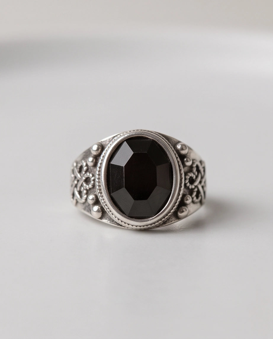 Faceted Oval Onyx-Style Beaded Bezel Filigree Silver Ring