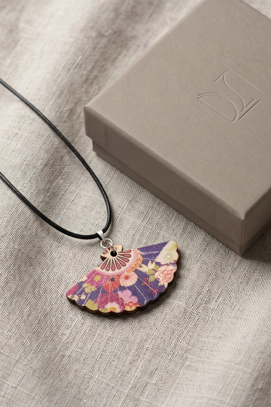 Vintage Purple Floral Hand-Fan Pendant Necklace