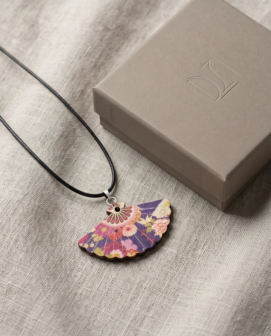 Vintage Purple Floral Hand-Fan Pendant Necklace