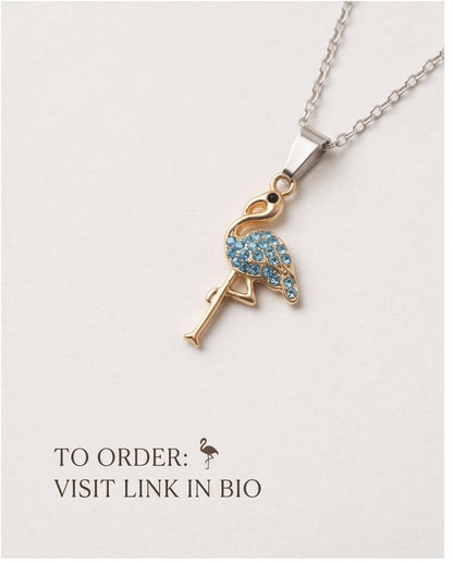 Gold Blue Crystal Paved Flamingo Pendant Necklace