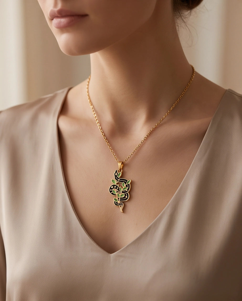 Gold Botanical Snake Enamel Pendant Necklace