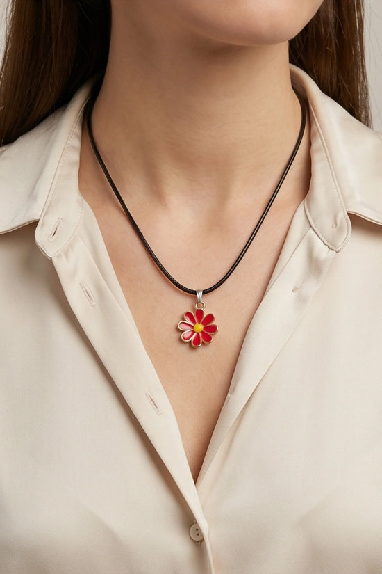 Gold and Red Daisy Pendant Necklace