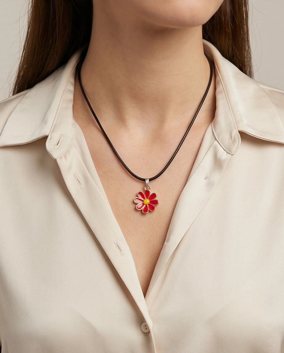 Gold and Red Daisy Pendant Necklace