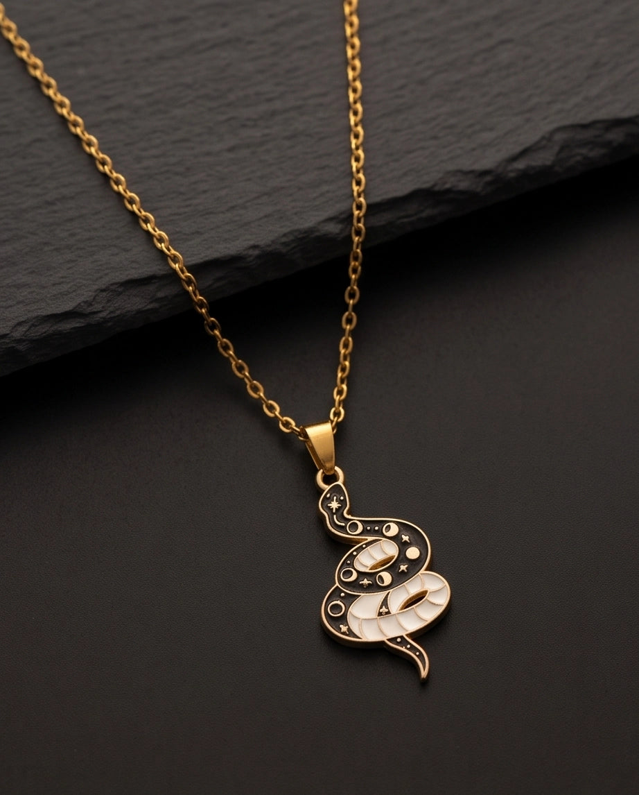 Gold Moon Phase Snake Enamel Pendant Necklace