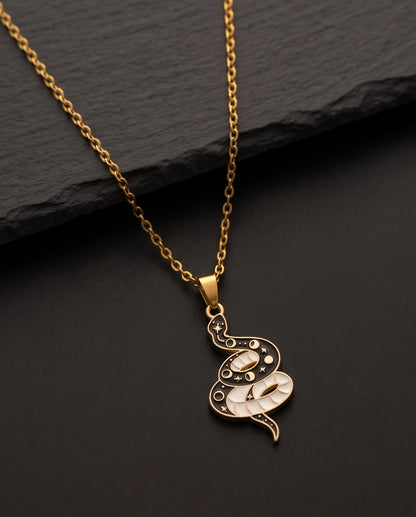 Gold Moon Phase Snake Enamel Pendant Necklace