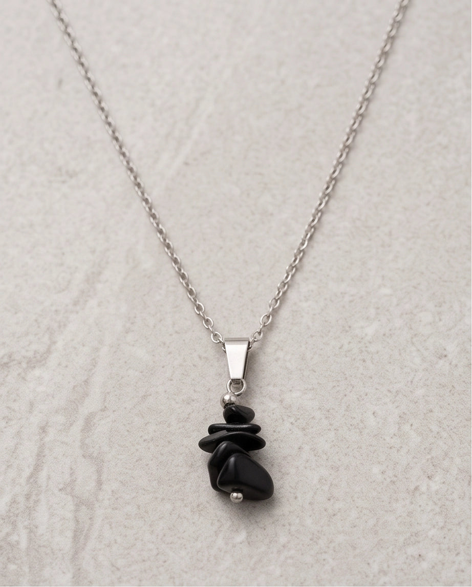 Silver Stacked Raw Black Obsidian Chip Stone Pendant Necklace