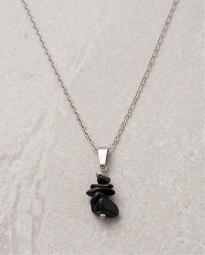 Silver Stacked Raw Black Obsidian Chip Stone Pendant Necklace