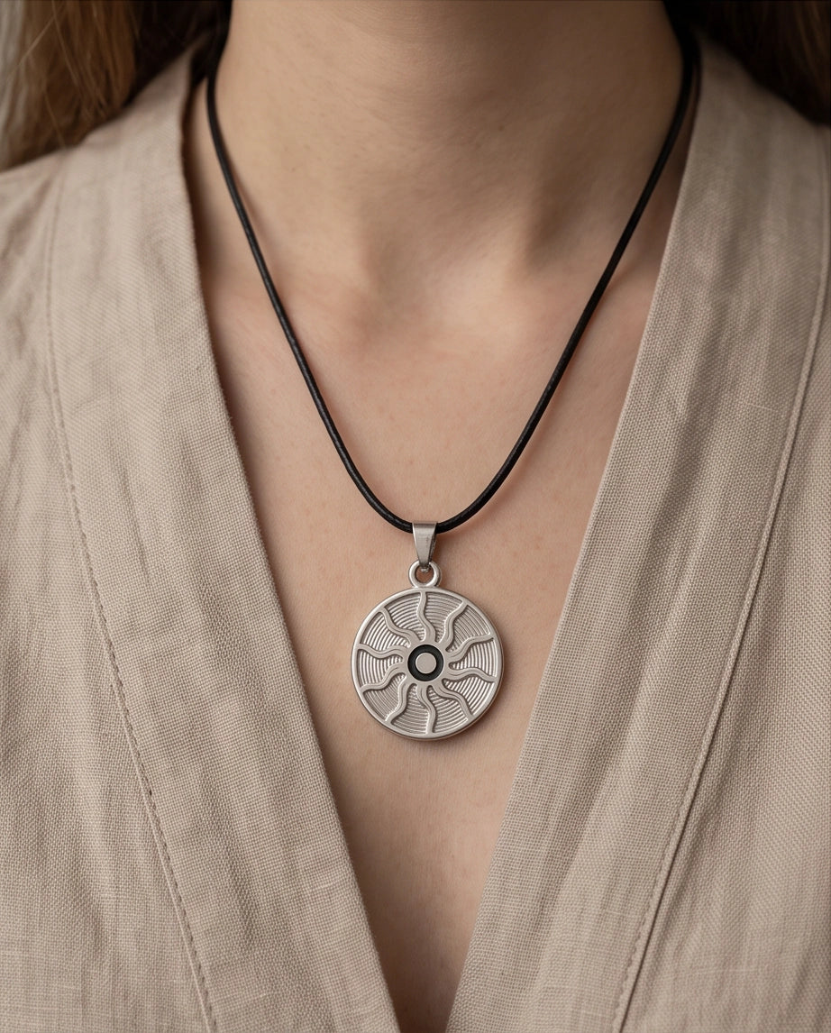 Silver Celestial Sunburst Medallion Cord Necklace