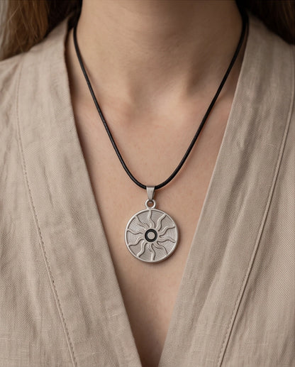 Silver Celestial Sunburst Medallion Cord Necklace